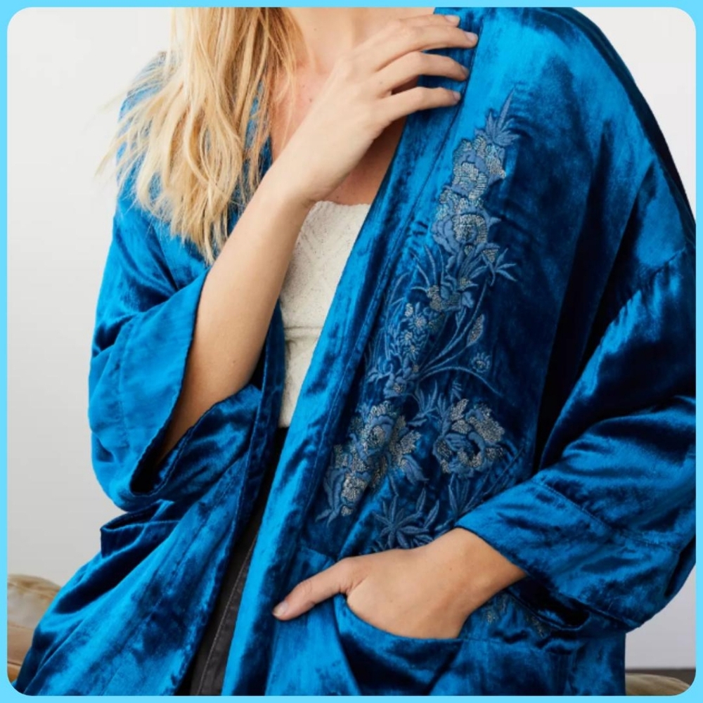 NWT Anthropologie Blue Velvet Kimono Cardigan (Small petite) Generous Fit